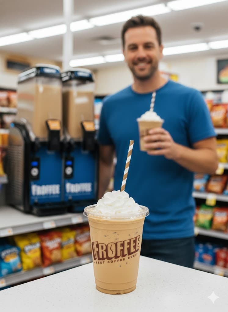 A customer enjoying a Froffee at the counter